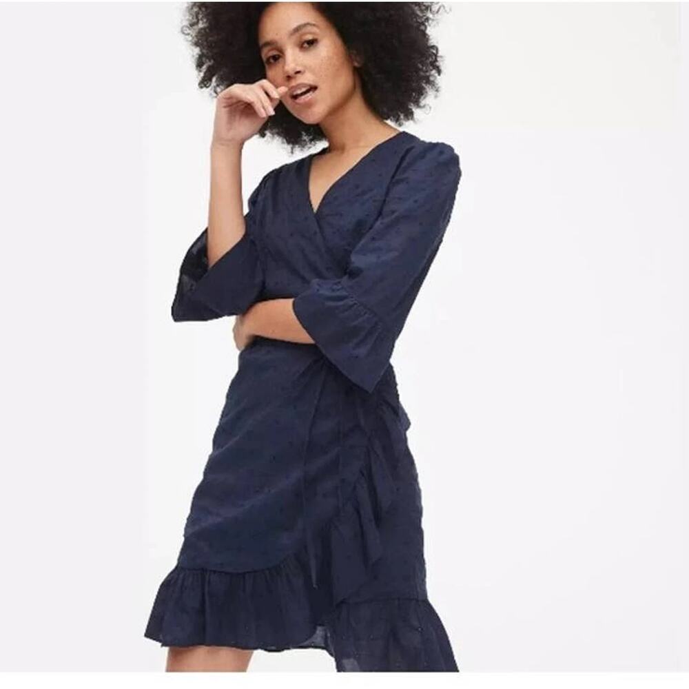 J Crew V Neck Mini Dress Crochet Trim‎ Navy Blue Puff Sleeve Size L Cottagecore